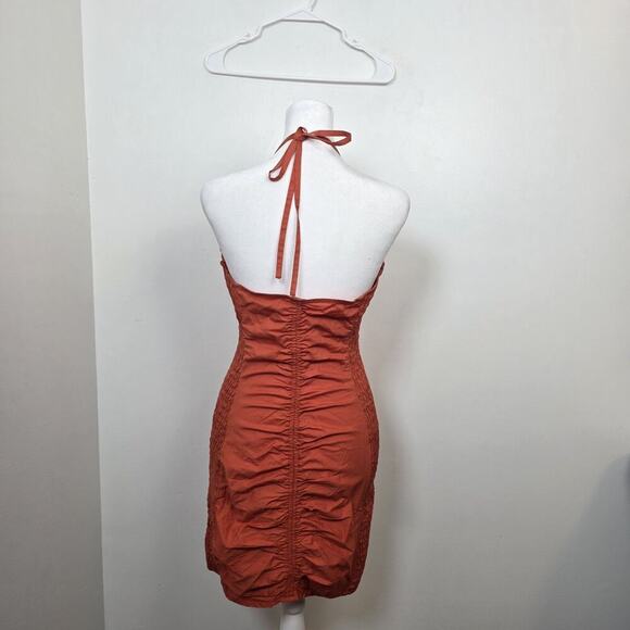 Free People Orange Button Up Scrunch Hold On Halter Mini Dress Size Medium - Picture 5 of 8